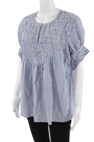 Rungolee Womens Tunic Blouse Blue Striped Round Neck Short Sleeve Size M
