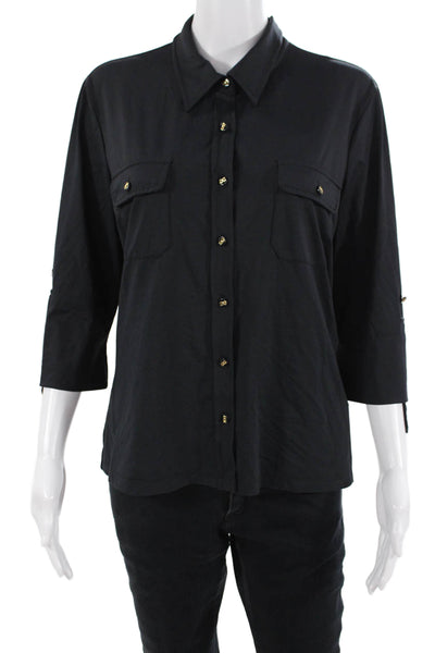 J. Mclaughlin Women Basic Black Cotton Collared Button-Up 3/4 Sleeve Size L