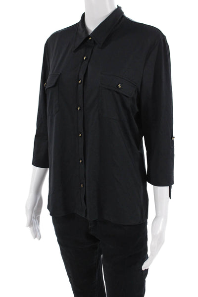 J. Mclaughlin Women Basic Black Cotton Collared Button-Up 3/4 Sleeve Size L