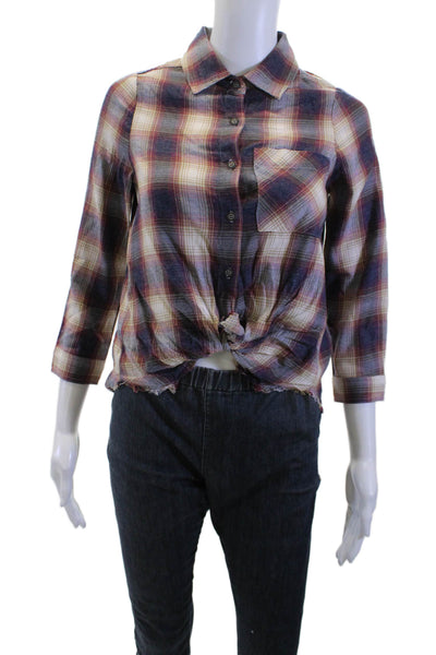 Bella Dahl Girls Long Sleeves Button Down Multicolor Plaid Shirt Size 14
