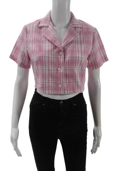 John Galt Women Cropped Pink Plaid Collared Short Sleeve Button-Up Size S