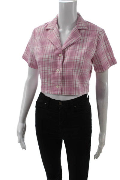 John Galt Women Cropped Pink Plaid Collared Short Sleeve Button-Up Size S