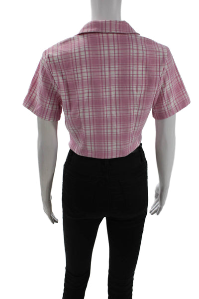 John Galt Women Cropped Pink Plaid Collared Short Sleeve Button-Up Size S