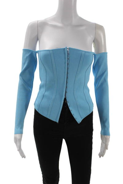 Zara Women Light Blue Long Sleeve Hook & Eye Top Nylon Viscose Size M