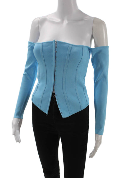Zara Women Light Blue Long Sleeve Hook & Eye Top Nylon Viscose Size M