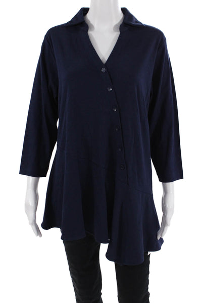 Joan Vass Women Tunic Dark Blue Button-Up V-Neck 3/4 Sleeve 100% Cotton Size L