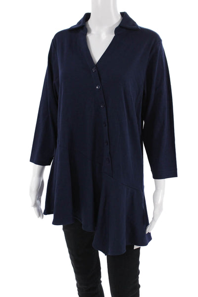 Joan Vass Women Tunic Dark Blue Button-Up V-Neck 3/4 Sleeve 100% Cotton Size L