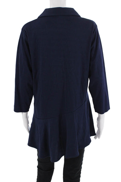 Joan Vass Women Tunic Dark Blue Button-Up V-Neck 3/4 Sleeve 100% Cotton Size L