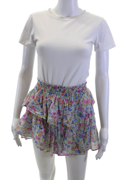 Love Shack Fancy Women Peasant Mini Floral Cotton Skirt Blue Size S