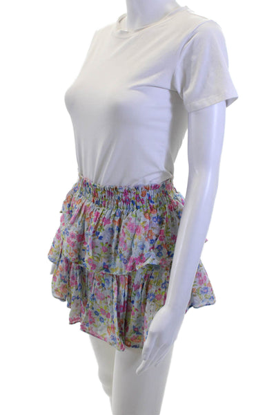 Love Shack Fancy Women Peasant Mini Floral Cotton Skirt Blue Size S