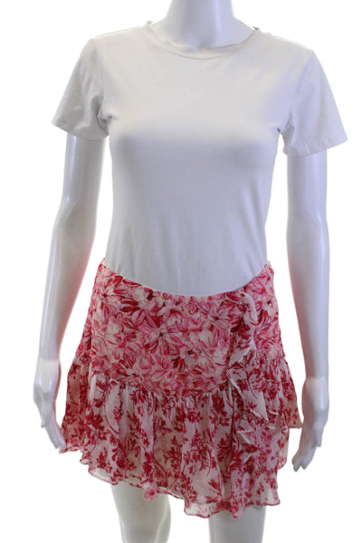 Love Shack Fancy Women Pink Floral Silk Mini Wrap Skirt Set Size 4