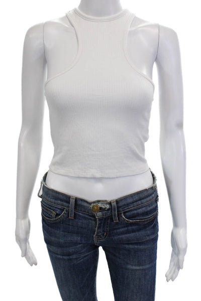 Emma & Sam Womens Cropped High Neck Tank White Sleeveless Size S