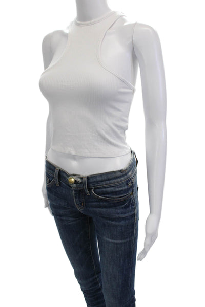Emma & Sam Womens Cropped High Neck Tank White Sleeveless Size S