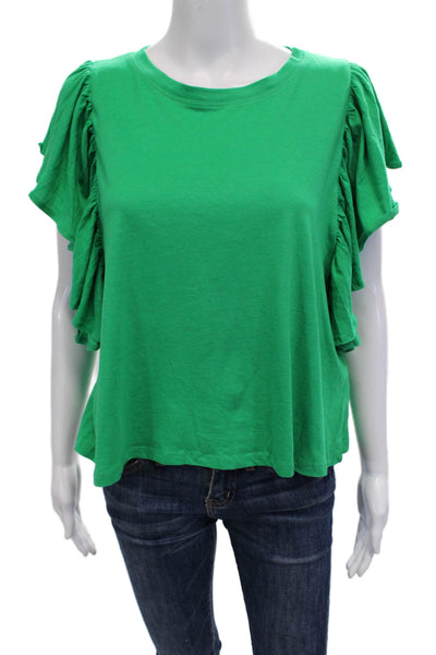 Zara Women Bohemian Green Cotton Crew Neck Sleeveless T-Shirt Size L