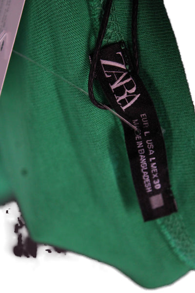 Zara Women Bohemian Green Cotton Crew Neck Sleeveless T-Shirt Size L