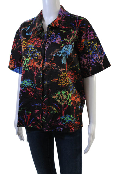 MSGM Women Collared Black Graphic Print Button-Up Cotton Short Sleeve Size 38