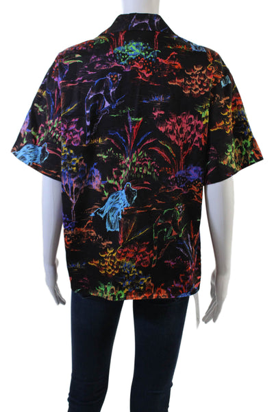 MSGM Women Collared Black Graphic Print Button-Up Cotton Short Sleeve Size 38