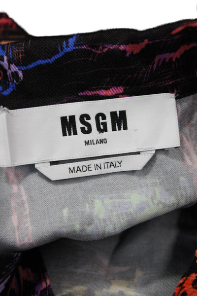 MSGM Women Collared Black Graphic Print Button-Up Cotton Short Sleeve Size 38