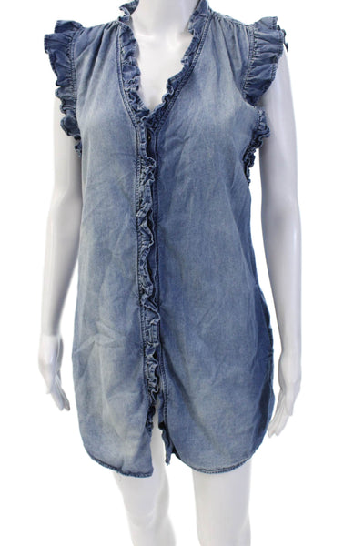 Stark Womens Tunic Button-Up Sleeveless Mini Dress Blue 100% Cotton Size S