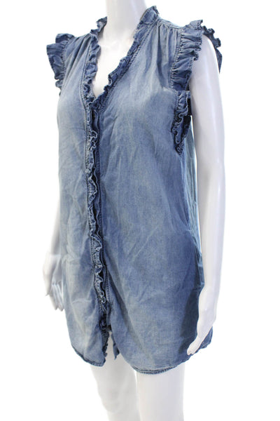Stark Womens Tunic Button-Up Sleeveless Mini Dress Blue 100% Cotton Size S