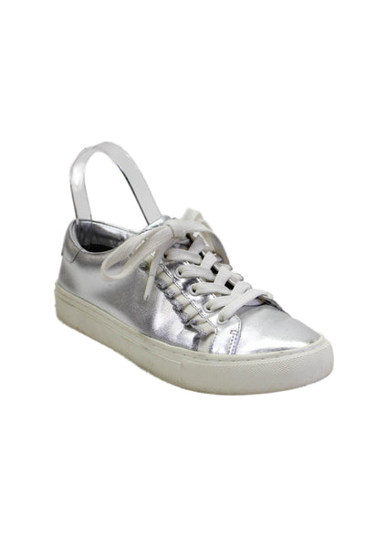 Tory Sport Womens Metallic Leather Lace Up Low Top Sneakers Silver Size 6