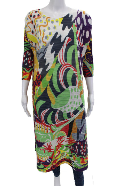 Designer Women Shift Dress Multi-Color Graphic Round Neck 3/4 Sleeve Size M