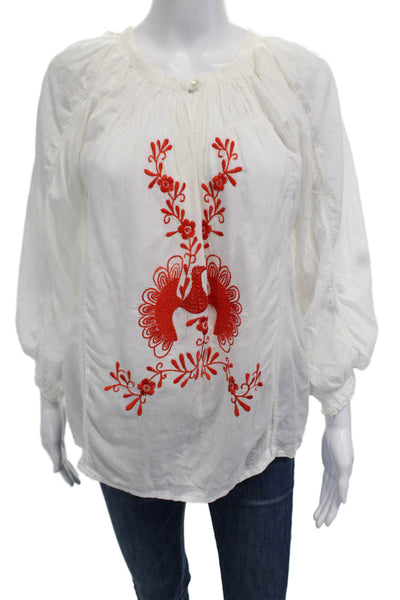 Roberta Freymann Women Tunic Blouse Red Round Neck Long Sleeve Cotton Size XS