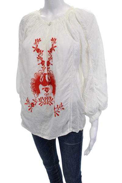 Roberta Freymann Women Tunic Blouse Red Round Neck Long Sleeve Cotton Size XS