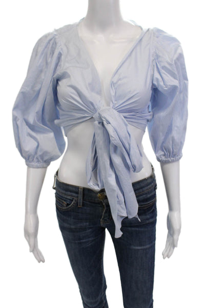 Elizabeth & James Women Light Blue Striped Cropped Blouse Cotton V-Neck Size XS