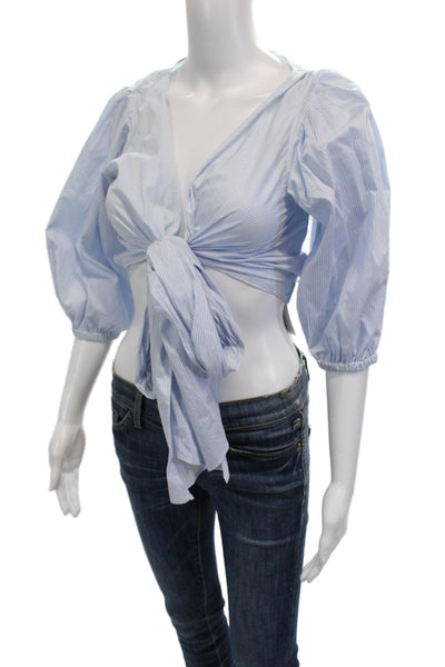 Elizabeth & James Women Light Blue Striped Cropped Blouse Cotton V-Neck Size XS