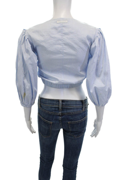 Elizabeth & James Women Light Blue Striped Cropped Blouse Cotton V-Neck Size XS