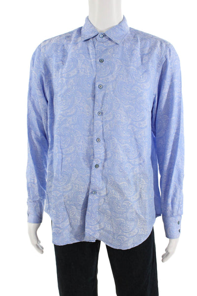 Robert Graham Mens Button Front Collared Linen Paisley Shirt Blue Size Medium