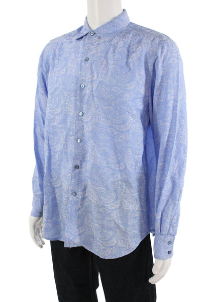 Robert Graham Mens Button Front Collared Linen Paisley Shirt Blue Size Medium