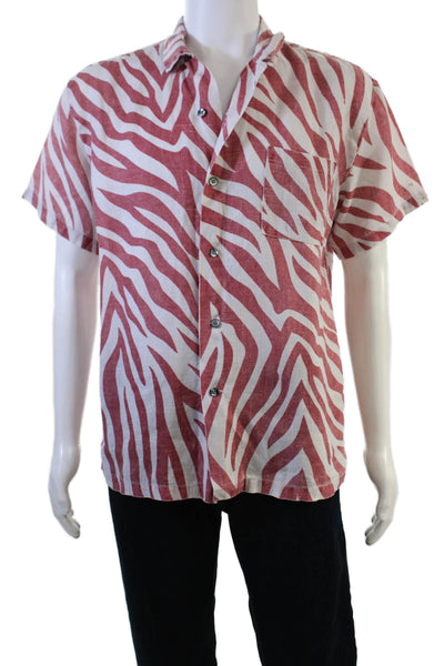 Double Rainbouu Mens Linen Striped Short Sleeve Button Up Shirt Red Size XS