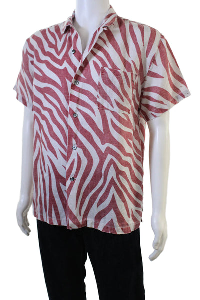 Double Rainbouu Mens Linen Striped Short Sleeve Button Up Shirt Red Size XS
