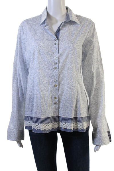 VLTs By Valentina Women Blue Floral Collared Button-Up Top Long-Sleeve Size XL