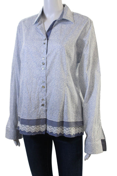 VLTs By Valentina Women Blue Floral Collared Button-Up Top Long-Sleeve Size XL