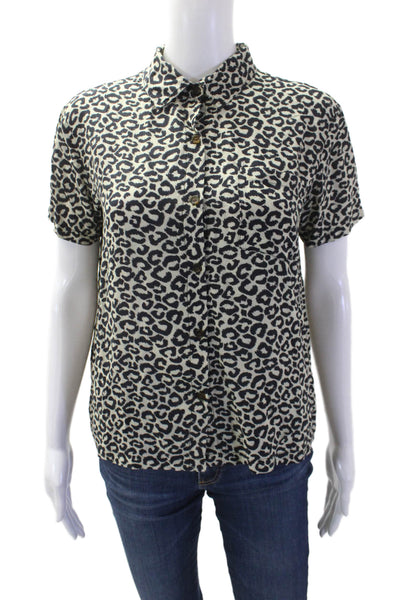 Solid & Striped Women Beige Animal Print Collared Button-Up Short Sleeve Size S