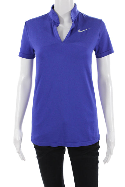 Nike Women Polo Top Blue Mock Neck Short Sleeve Size M