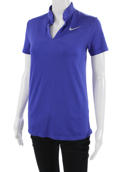 Nike Women Polo Top Blue Mock Neck Short Sleeve Size M