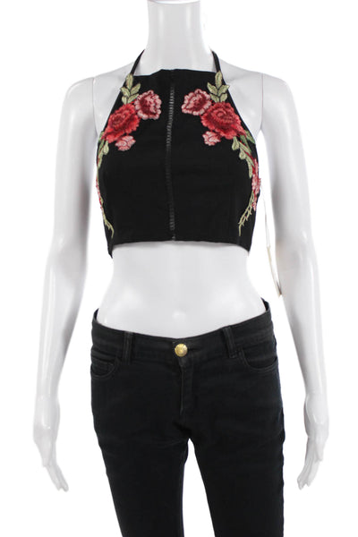 Gab kate Women Cropped Black Rose Floral High Neck Tie Tank Size M