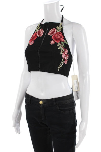 Gab kate Women Cropped Black Rose Floral High Neck Tie Tank Size M