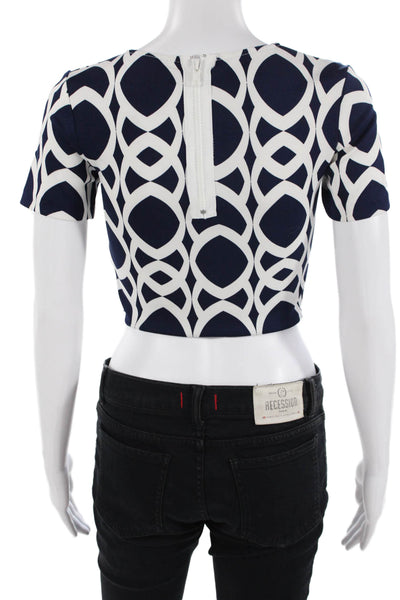 Aqua Women Cropped Dark Blue Geometric T-Shirt Short-Sleeve Size XS