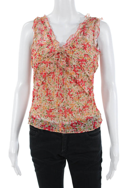 BCBGMAXAZRIA Women Silk Floral V-Neck Sleeveless Blouse Bohemian Beige Size XS