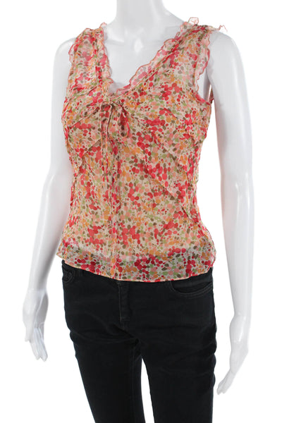 BCBGMAXAZRIA Women Silk Floral V-Neck Sleeveless Blouse Bohemian Beige Size XS