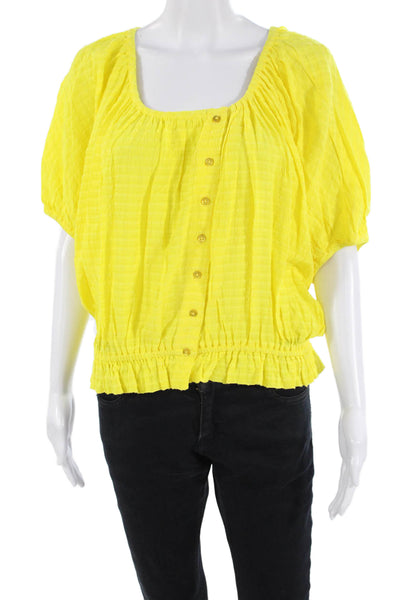 French Connection Women Boho Yellow Square Neck Button-Up Blouse Size M