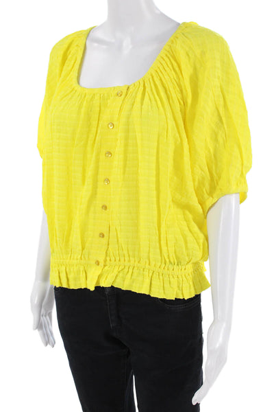 French Connection Women Boho Yellow Square Neck Button-Up Blouse Size M