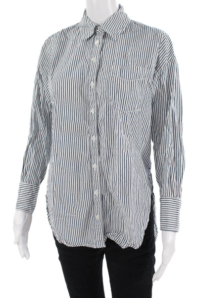Maeve Anthropologie Womens Blue Striped Cotton Button-Up Shirt Size 2XS
