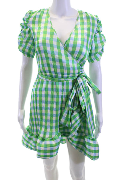 Tanya Taylor Womens Wrap Dress Green Check V-Neck Short Sleeve Mini Size 0