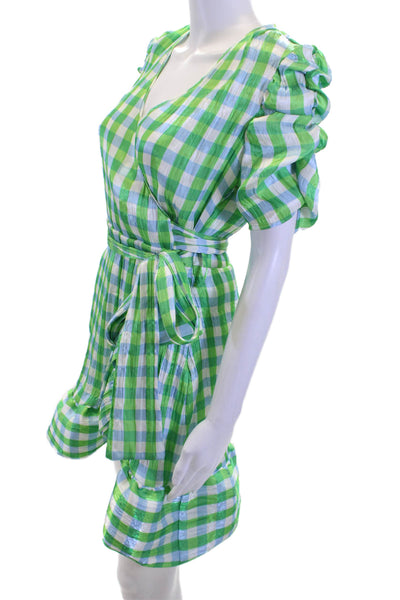 Tanya Taylor Womens Wrap Dress Green Check V-Neck Short Sleeve Mini Size 0